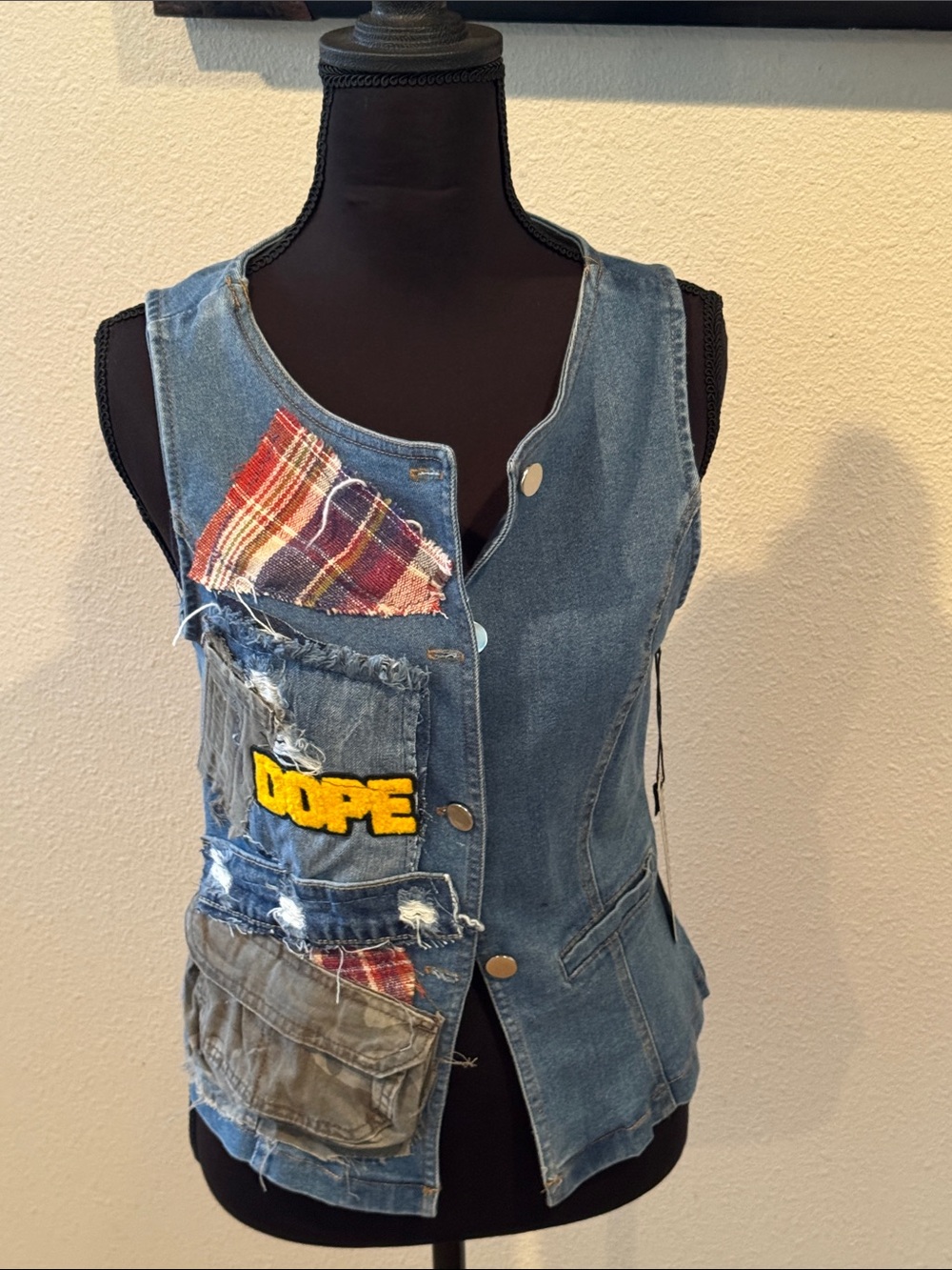 Haute Monde Denim Patchwork Vest with Yellow DOPE Applique